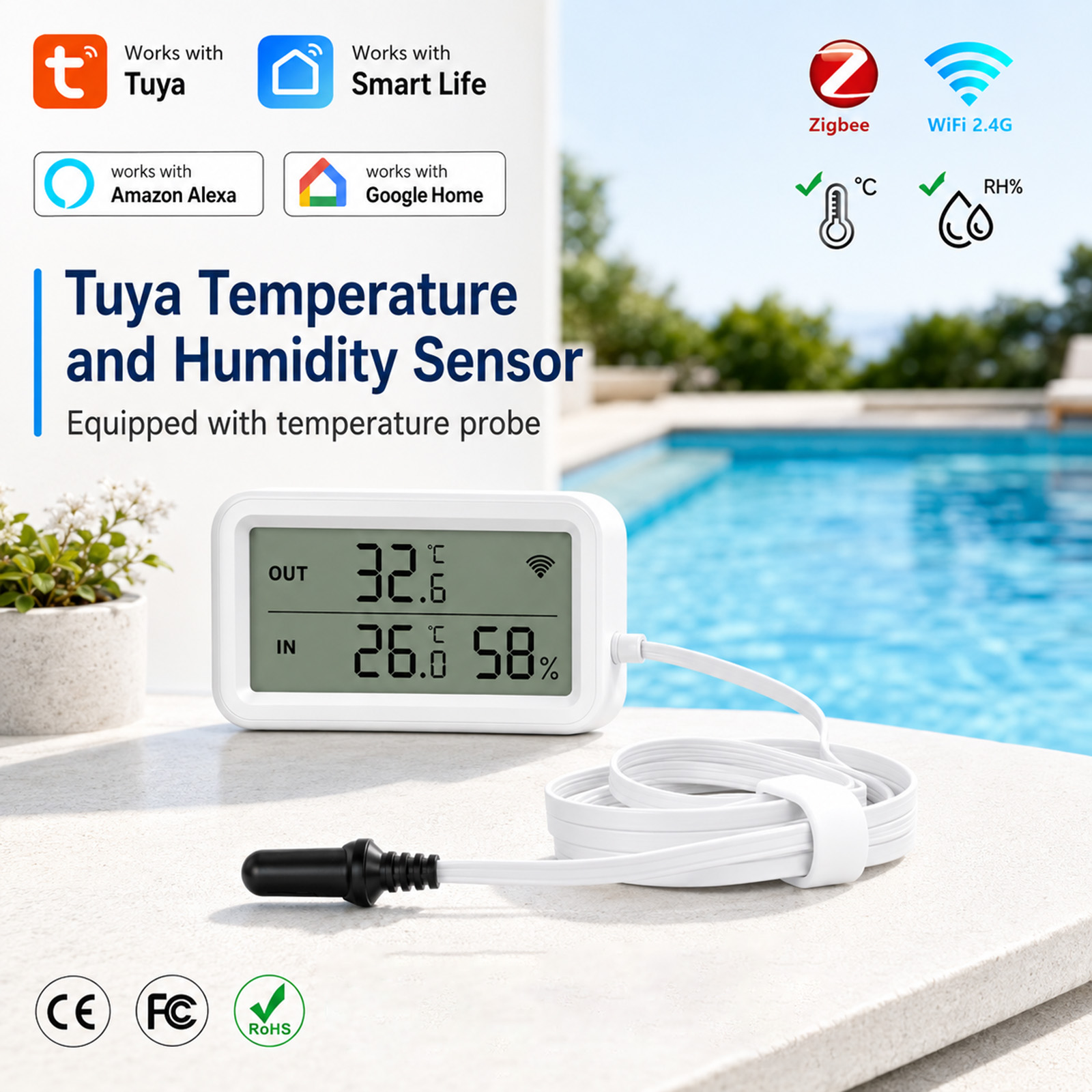 Temperature Humidity Sensor - เซ็นเซอร์วัดอุณหภูมิและความชื้นภายนอกแบบกันน้ำ Tuya WiFi Zigbee พร้อมหน้าจอ LCD